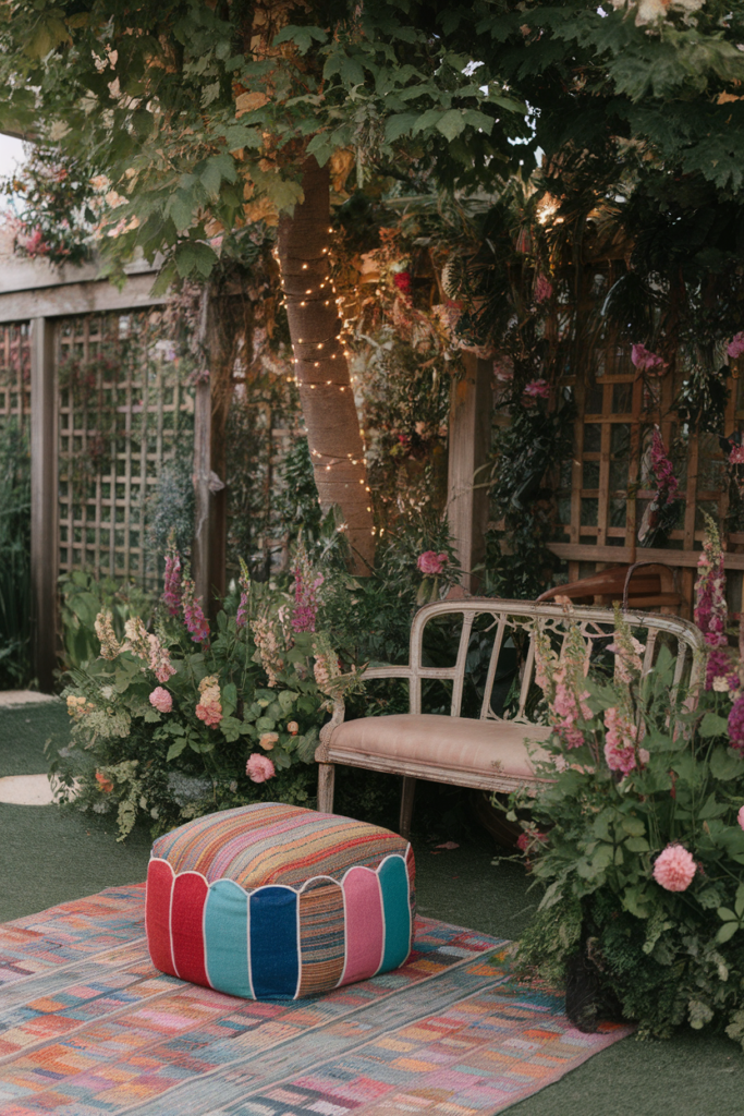 Cozy outdoor seating with colorful pouf, floral decor, and twinkling lights under a leafy tree.