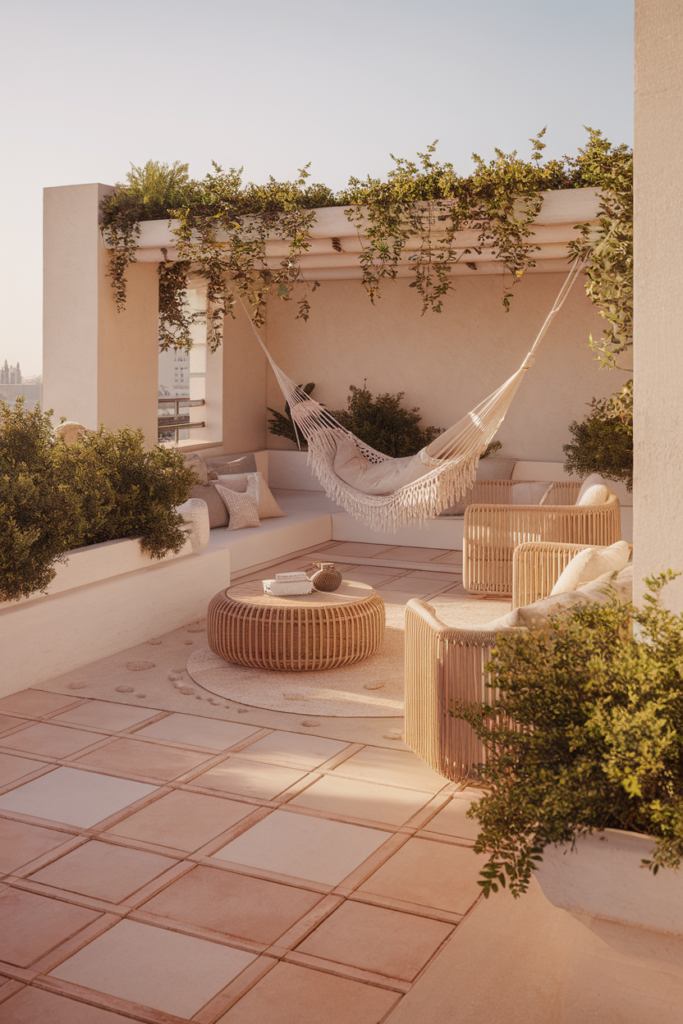 Cozy rooftop patio with hammock, wicker chairs, and lush plants in sunlight, perfect for relaxing or entertaining.