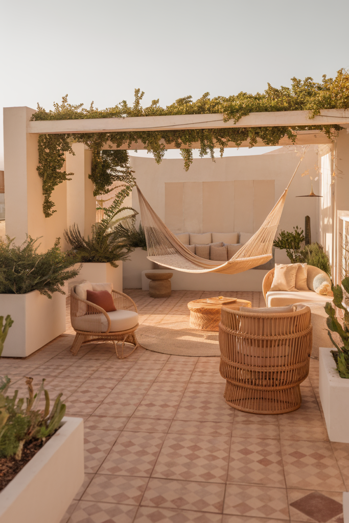 Cozy outdoor patio with hammock, rattan furniture, and lush plants under a pergola, bathed in warm sunlight.