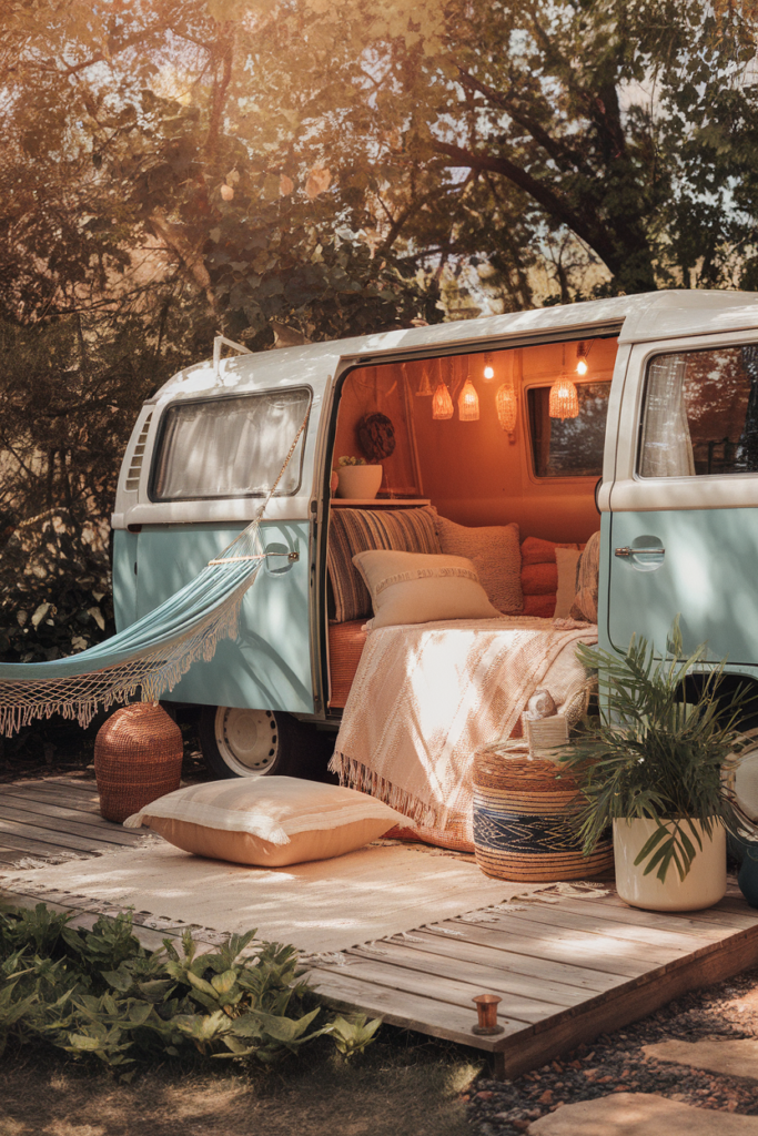 Vintage camper van converted into cozy outdoor retreat with hammock and warm lighting under trees.