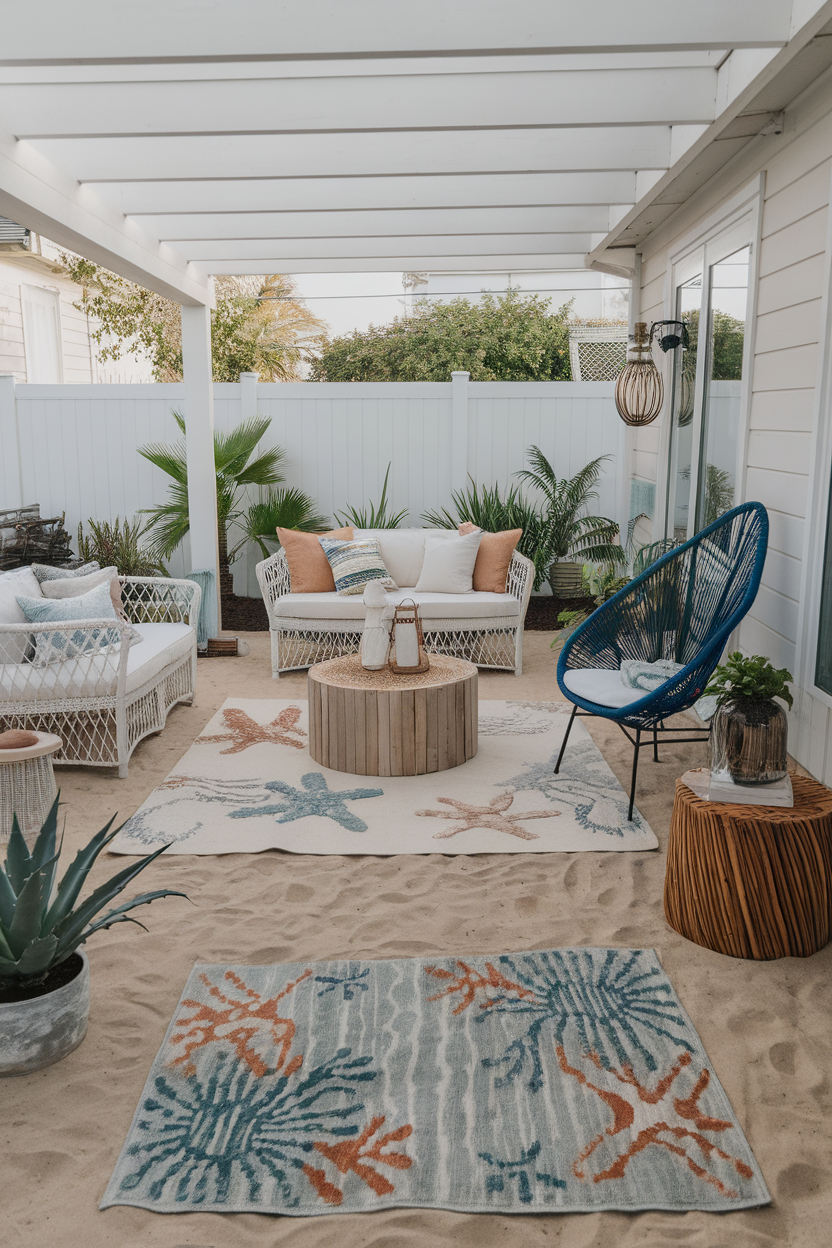 Stylish outdoor patio with cozy furniture, vibrant rugs, and lush plants under a white pergola on sandy ground.