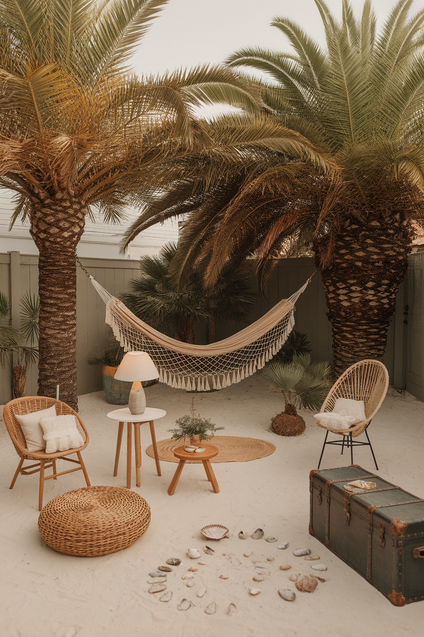 Tropical outdoor patio with a hammock, wicker chairs, and decor under palm trees for a relaxing vibe.