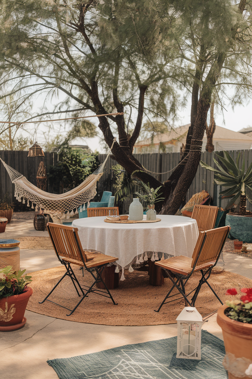 Cozy backyard with a hammock, round table, and chairs under a tree, ideal for outdoor relaxation and gatherings.