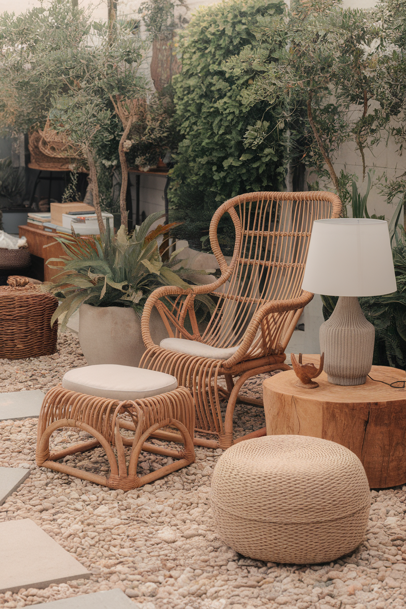 Cozy outdoor seating with wicker chair, footrest, and lamp surrounded by greenery on a pebble patio.