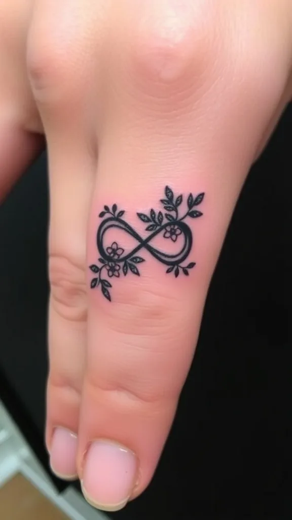 Delicate infinity symbol with floral design tattooed on a finger.