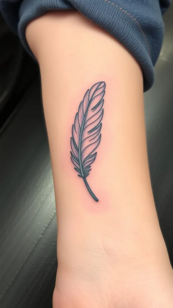 Feather tattoo design on ankle with fine black ink lines, symbolizing freedom and creativity.