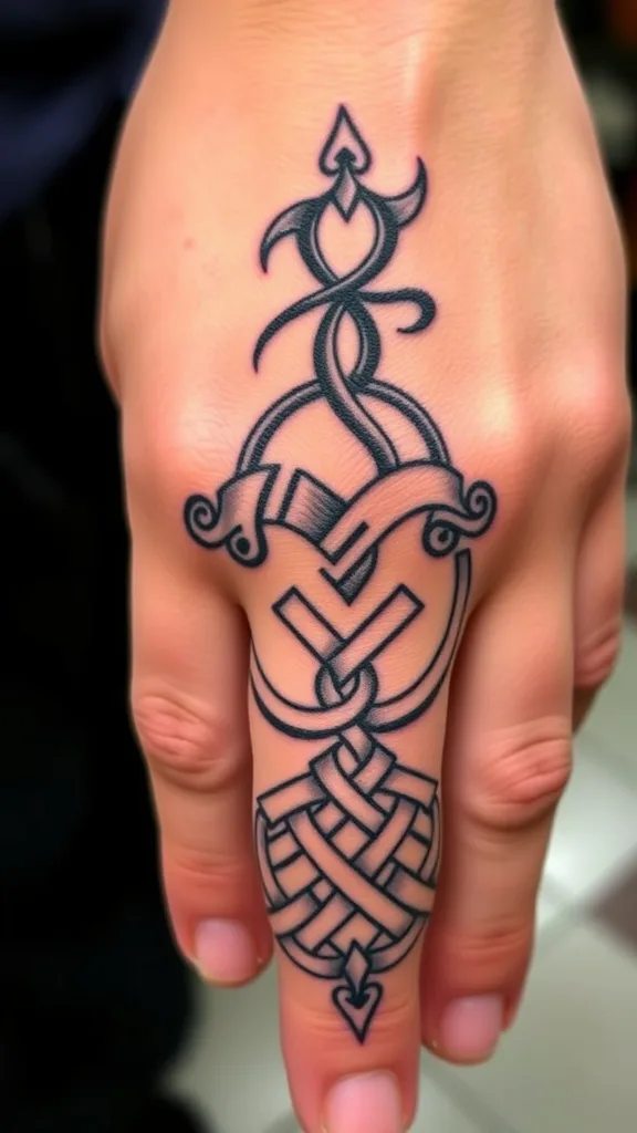 Intricate tribal-style tattoo on a hand, featuring flowing lines and pointed arrow designs for a bold statement.