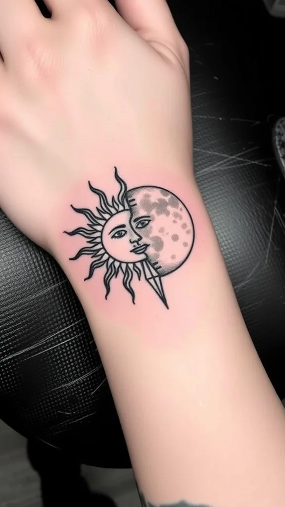 Sun and moon tattoo on wrist, depicting celestial harmony with an intricate design.