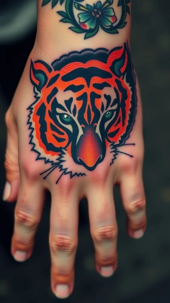 Colorful tiger face tattoo on hand with floral accent, showcasing bold design and artistic detail.