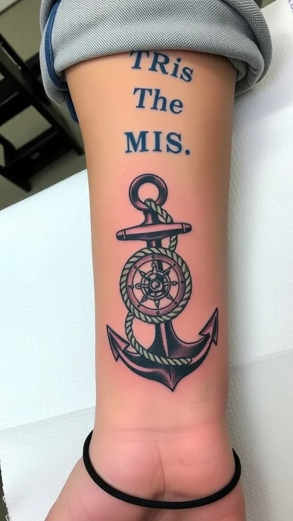 Tattoo of an anchor with rope and compass on a forearm, text reads TRis The MIS on the arm.