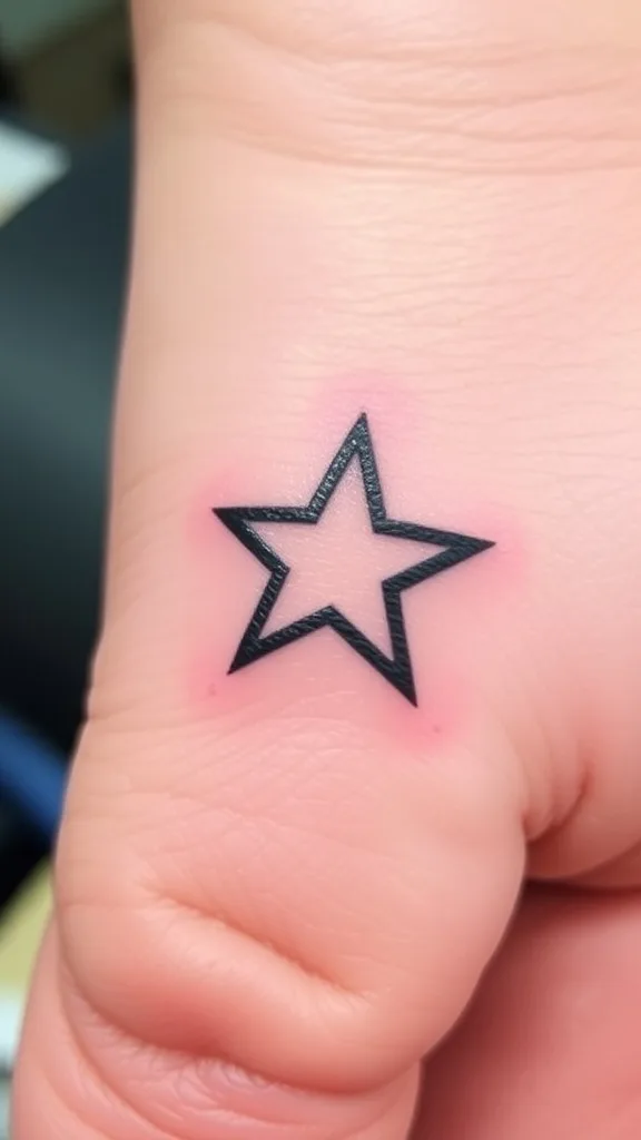 Star outline tattoo on a finger, featuring bold black lines and a minimalist design against skin background.