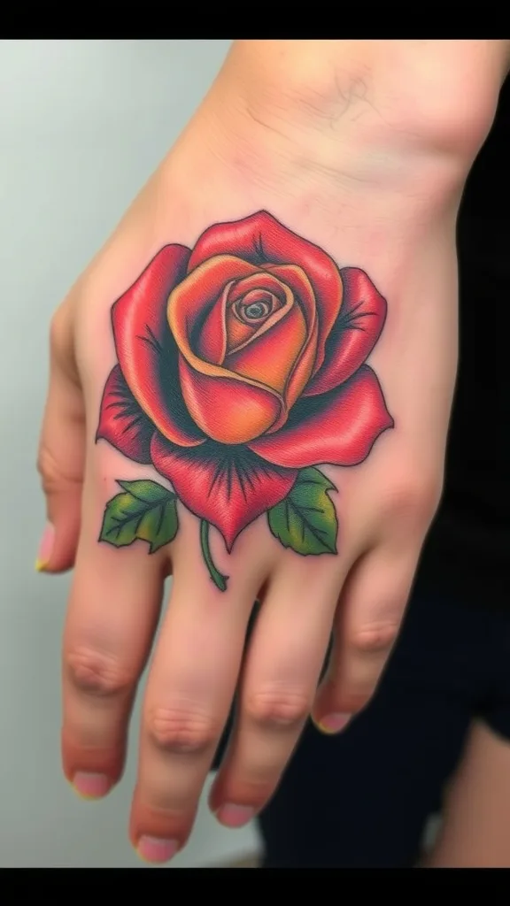 Hand with vibrant red rose tattoo art, detailed petals and green leaves, showcasing intricate body art design.