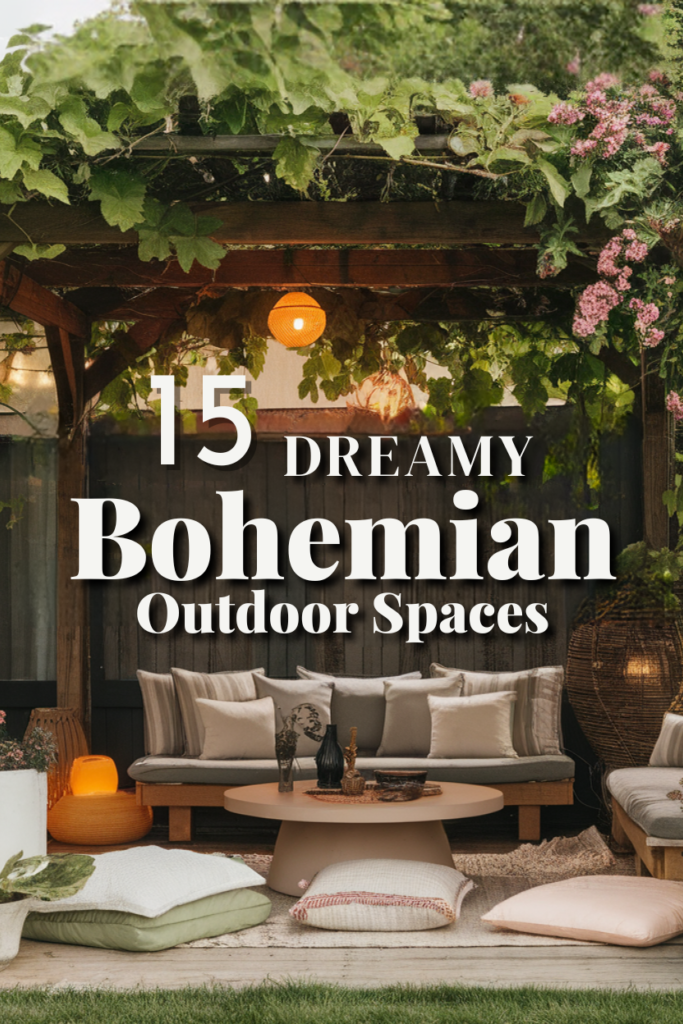 Bohemian outdoor space with plush seating, lush greenery, and warm lighting for a cozy ambiance.