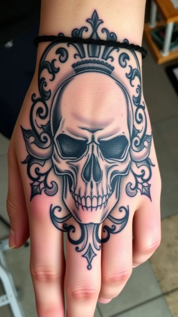 Ornate skull tattoo on hand with intricate swirling designs and crown detail. Black ink art.