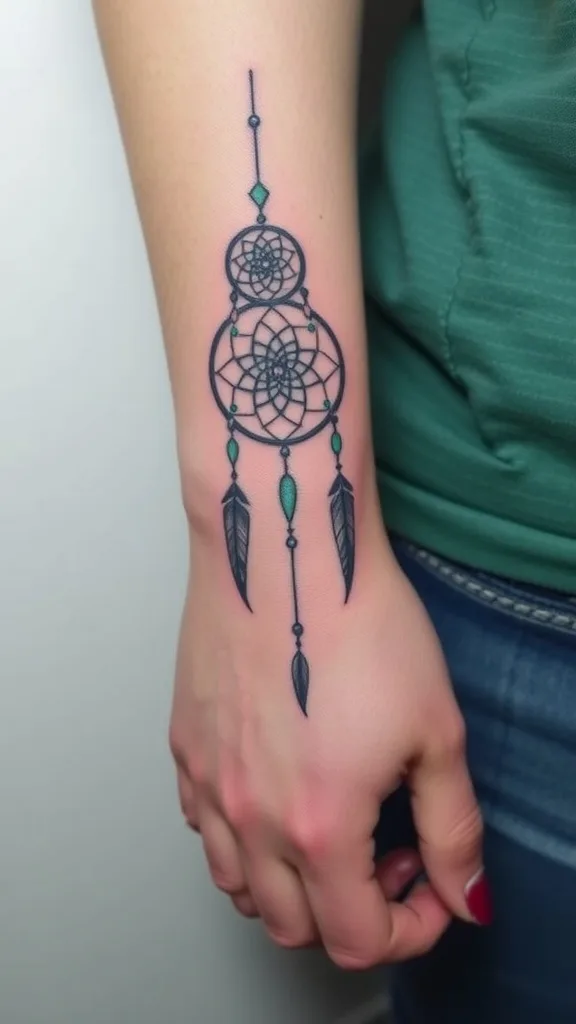 Dreamcatcher tattoo on forearm with delicate feathers and beads design, perfect for tattoo inspiration and body art ideas.