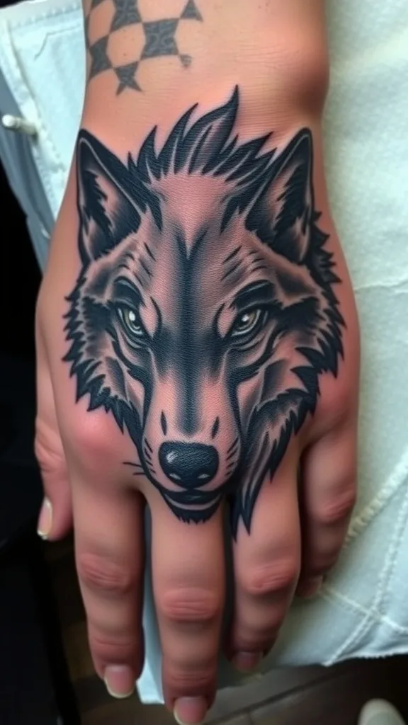 Wolf tattoo on hand with geometric design in the background, showcasing detailed artistry and bold lines.