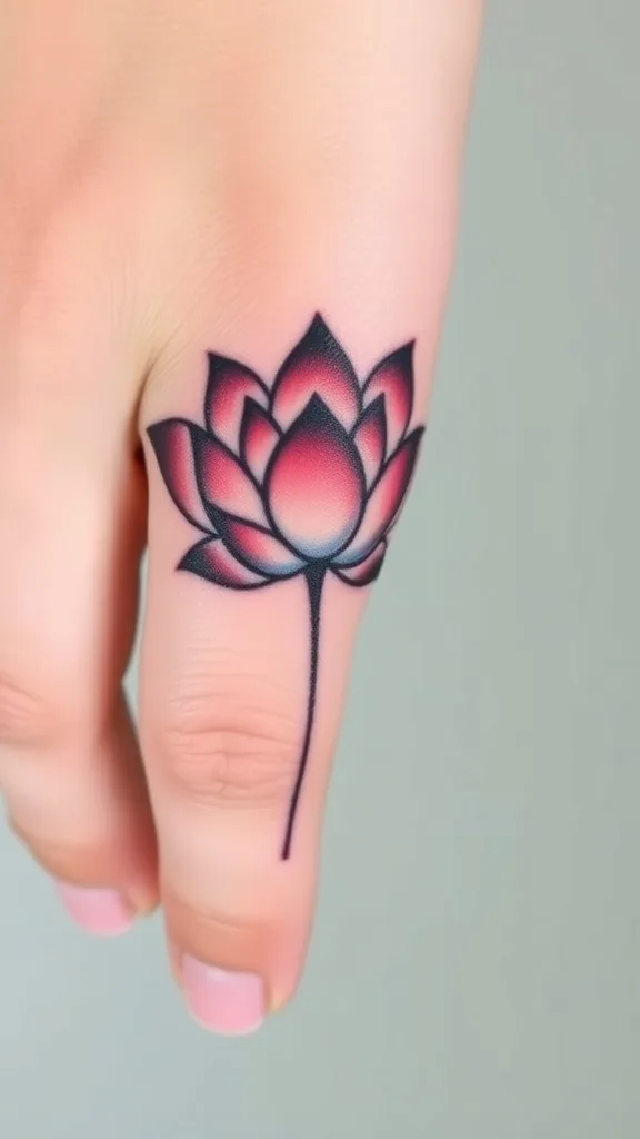 Lotus flower tattoo on a finger, blending pink and black hues against light skin, showcasing intricate petal design.