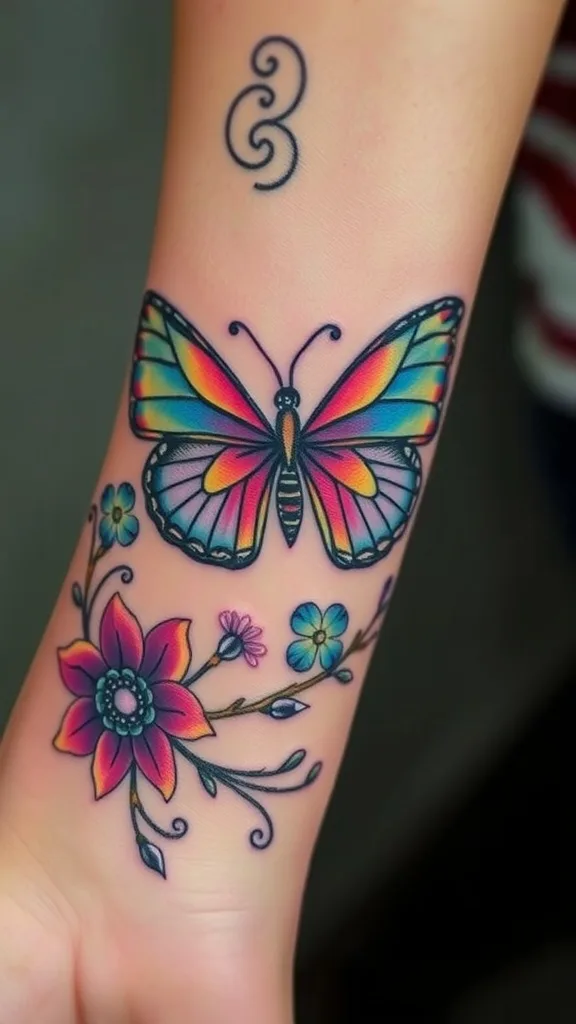 Colorful butterfly and floral tattoo on forearm with small symbol above wrist.