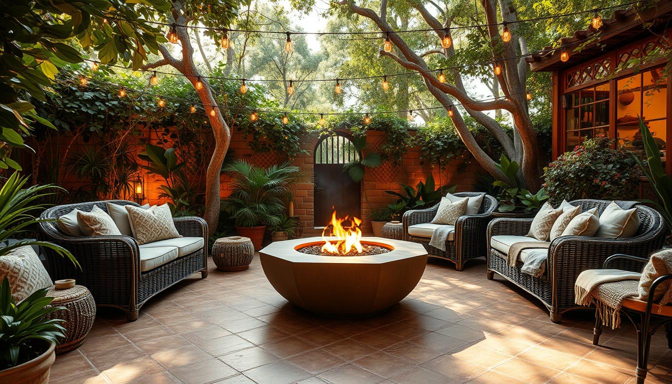 Bohemian patio with a fire pit