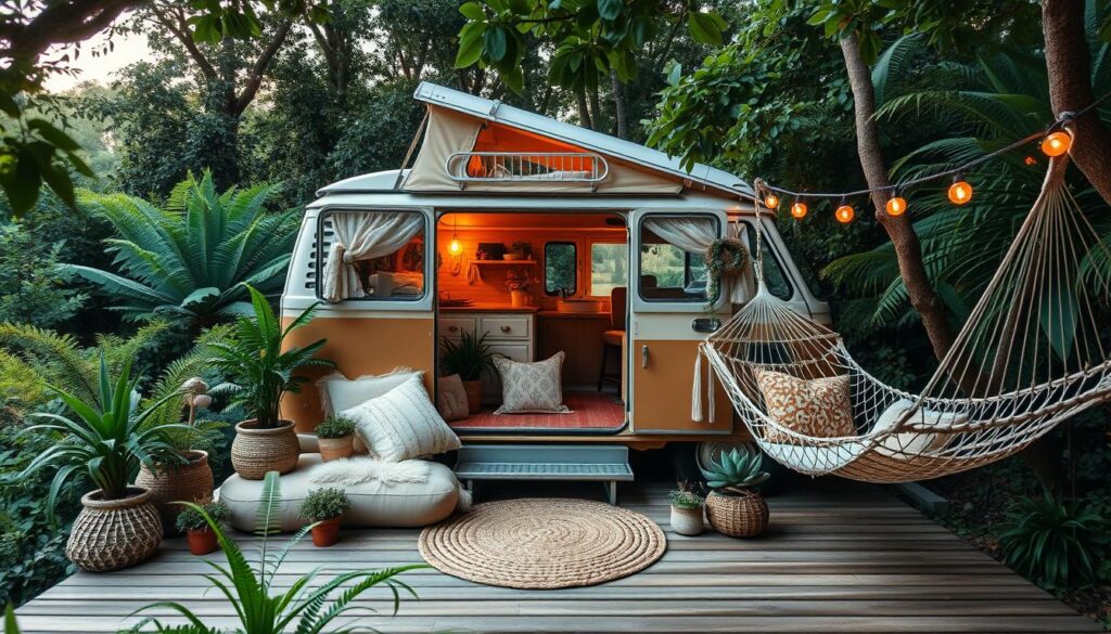 Boho camper van setup