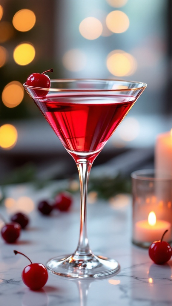 A cherry martini in a martini glass with a cherry garnish, set against a softly lit backdrop for a cozy cocktail night.