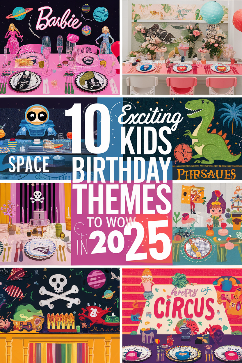 10 exciting kids birthday themes for 2025, featuring space, dinosaurs, circus, and Barbie party setups.