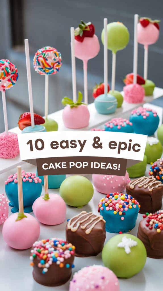 Colorful cake pops with sprinkles and decorations. Text: 10 easy & epic cake pop ideas!