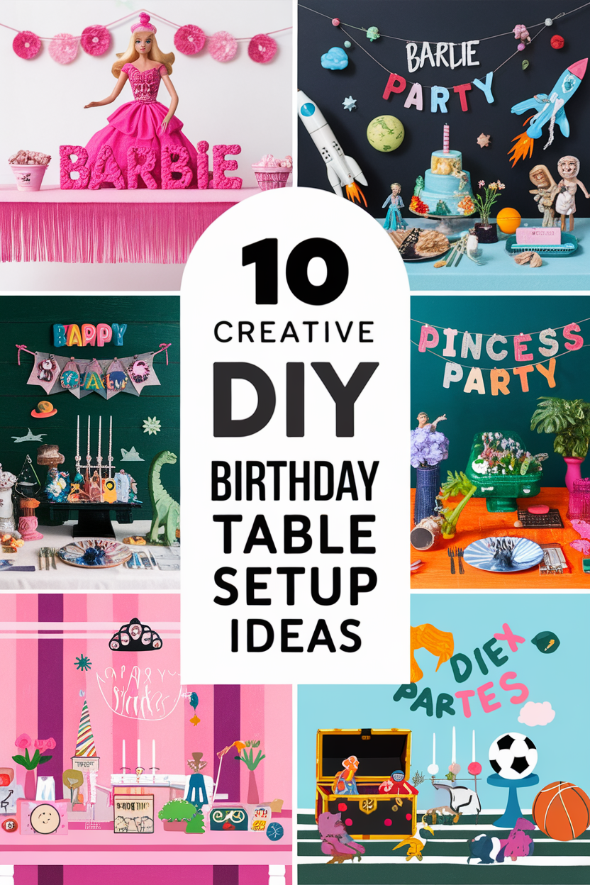 10 creative DIY birthday table setup ideas with colorful and themed decorations for various party themes.