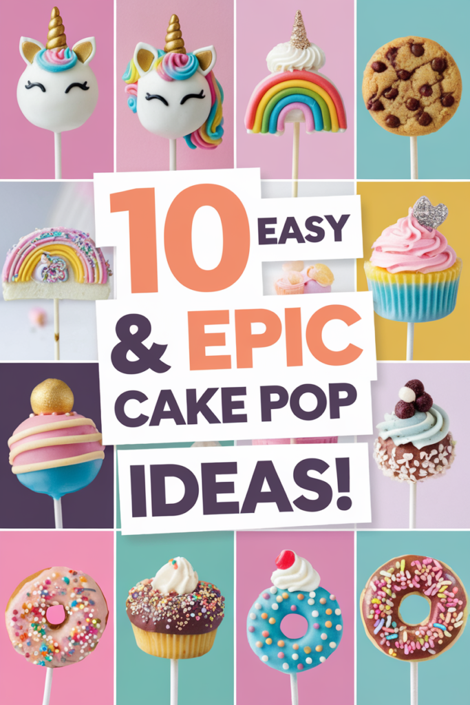 Colorful cake pops featuring unicorns, rainbows, and cupcakes with text: 10 Easy & Epic Cake Pop Ideas!