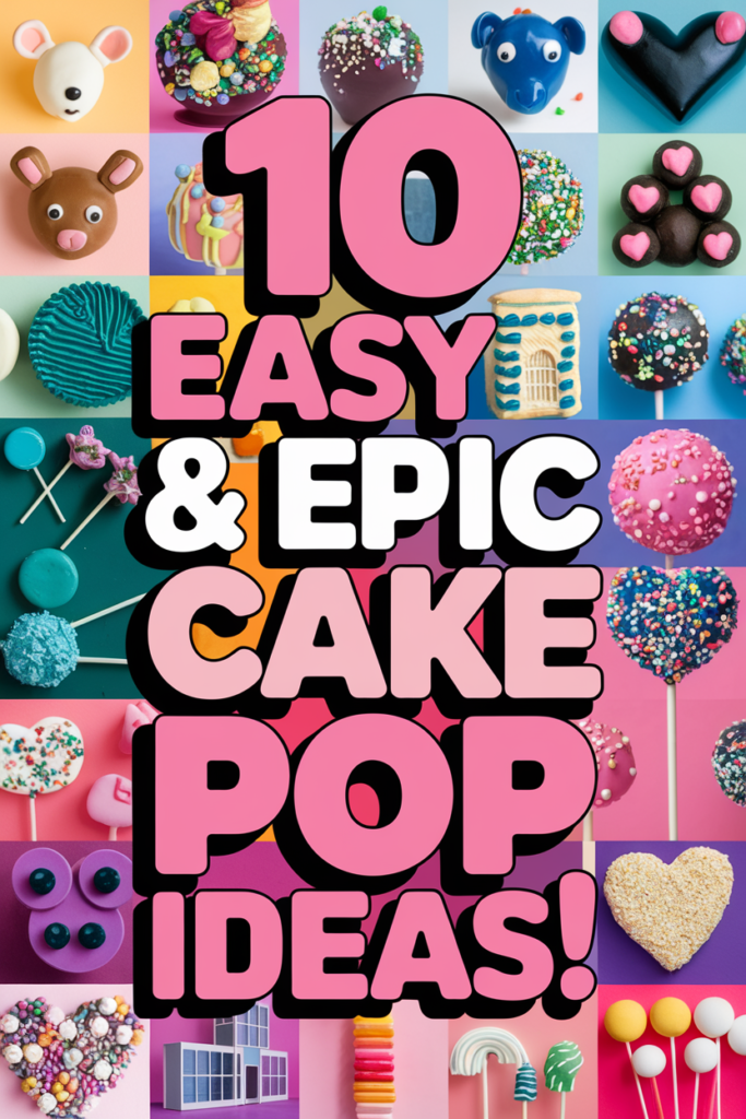 Colorful cake pops with decorative designs and text: 10 Easy & Epic Cake Pop Ideas on a vibrant background.