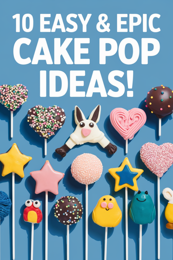 10 creative and fun cake pops with colorful designs against a blue background.