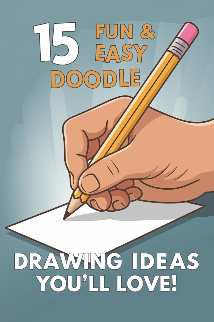 Hand drawing on paper with pencil, featuring text: 15 Fun & Easy Doodle Drawing Ideas You'll Love.