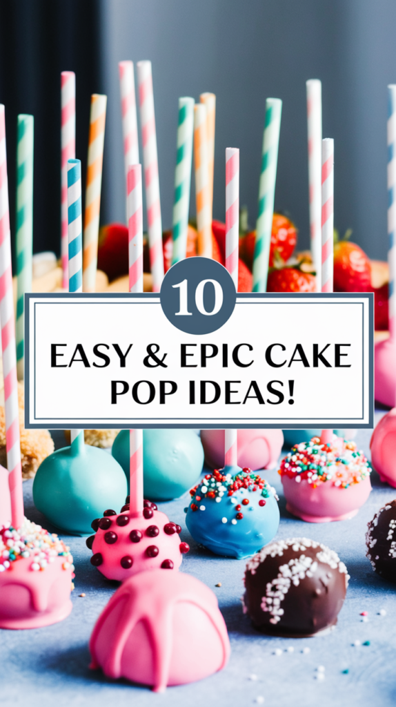 Colorful cake pops with sprinkles and striped sticks. Text overlay: 10 Easy & Epic Cake Pop Ideas!