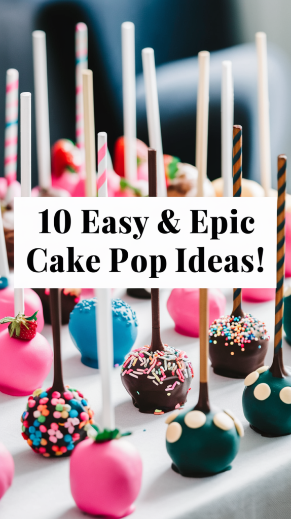 Assorted colorful cake pops with sprinkles and designs, featuring 10 Easy & Epic Cake Pop Ideas! text overlay.