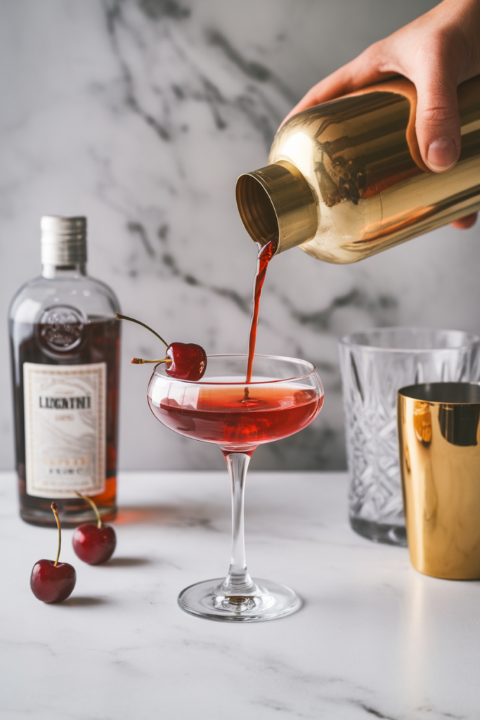 Cocktail being poured from a shaker into a glass, garnished with a cherry. Liquor bottle and cherries in the background.