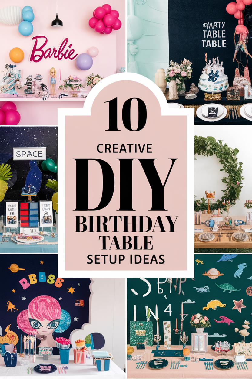 10 creative DIY birthday table setup ideas with themes like Barbie and space for party inspiration.