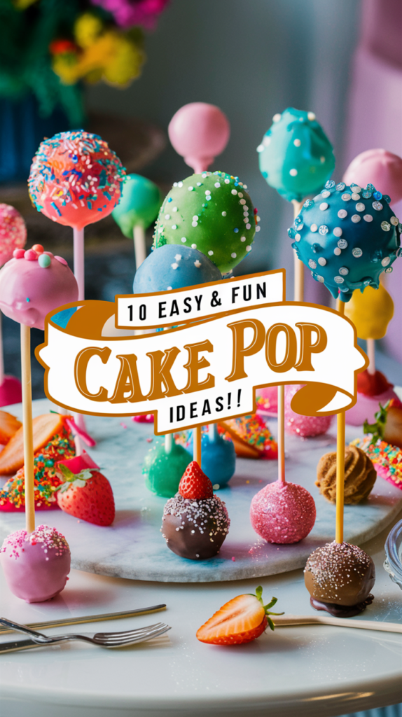 Colorful cake pops on sticks with sprinkles, perfect for parties. Text overlay: 10 Easy & Fun Cake Pop Ideas!!