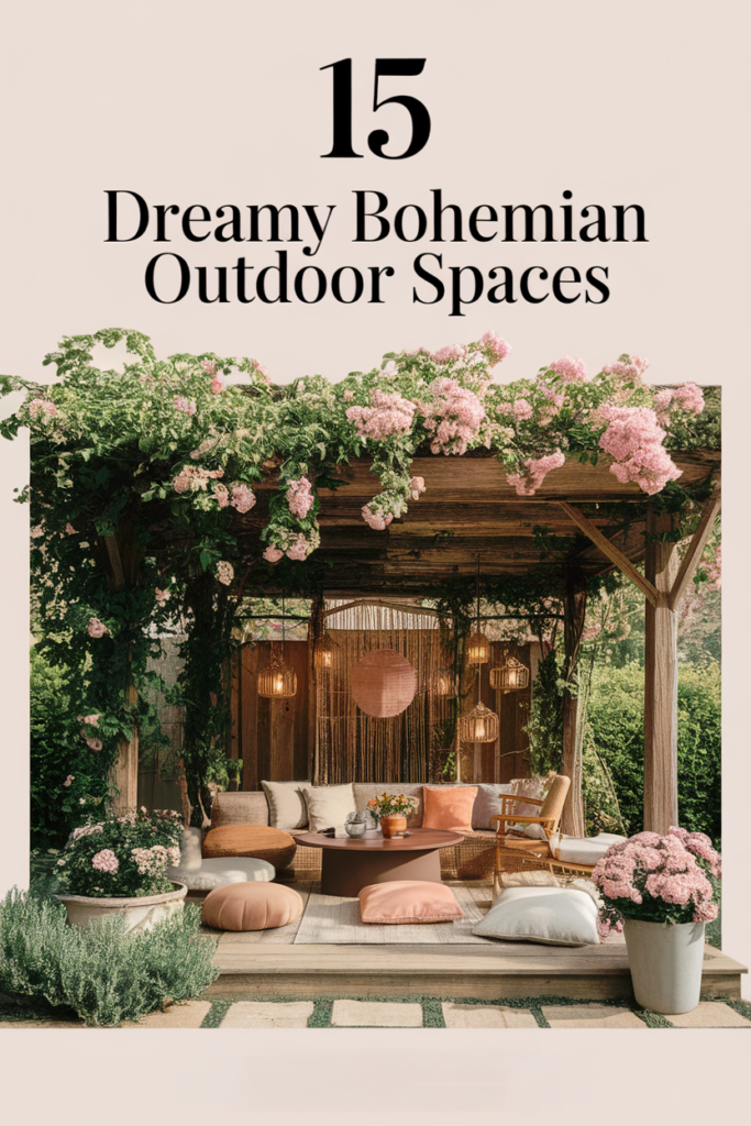 Bohemian outdoor space with wooden pergola, floral decor, cozy seating, and hanging lights for a dreamy ambiance.