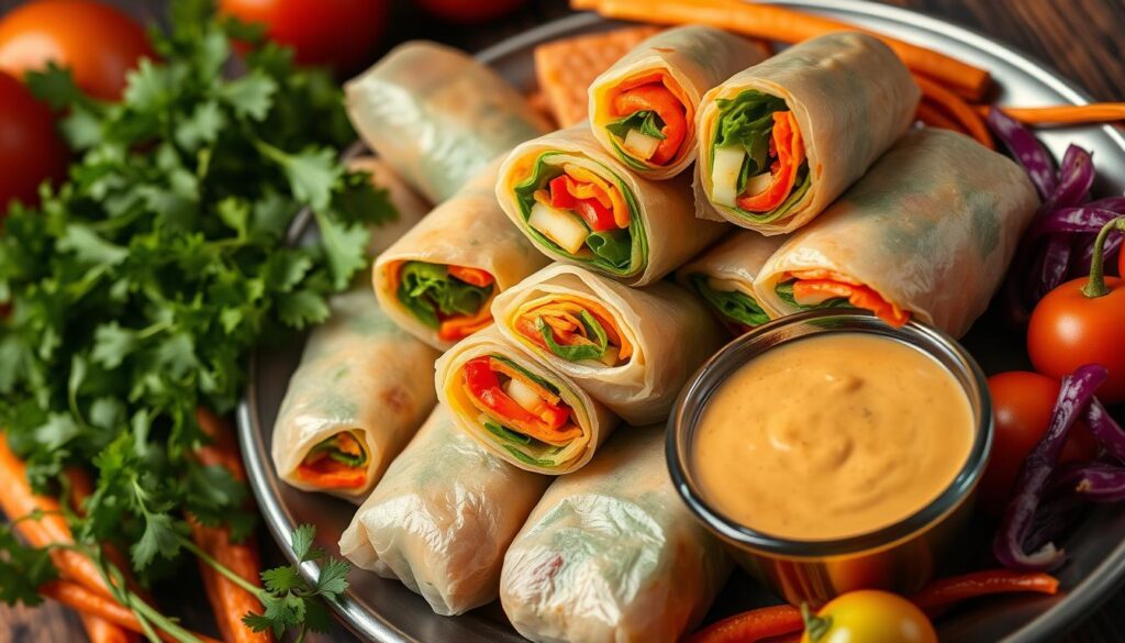 Roll into game day with these fresh vegetable spring rolls accompanied by a creamy peanut sauce. A refreshing and nutritious option for any Super Bowl party!
