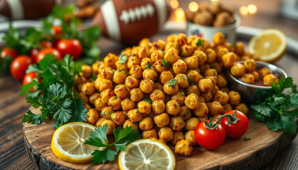 Spice up your snack table with roasted chickpea poppers seasoned with Mediterranean spices. A crunchy, protein-rich treat that's easy to pop while you enjoy the game!
