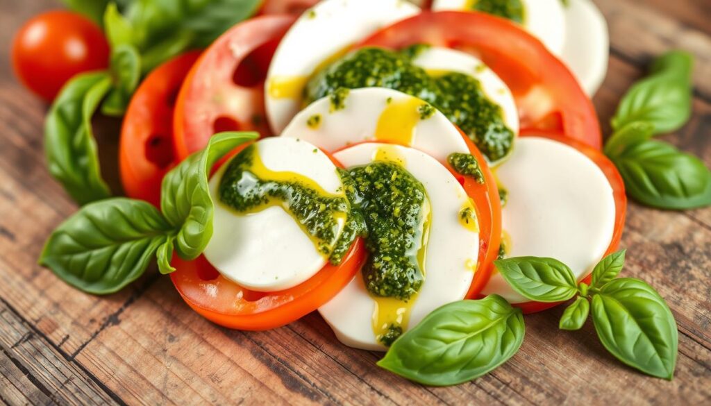 quick caprese salad with pesto