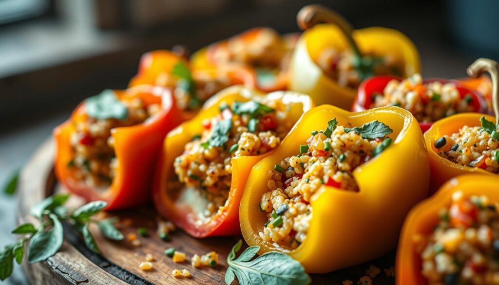 Add color and flavor to your game day with these quinoa-stuffed mini bell peppers. A tasty, low-calorie snack that's as pleasing to the eye as it is to the palate!
