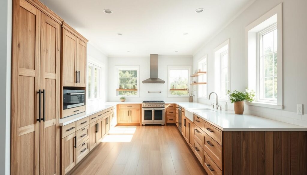 weathered wood cabinets in a modern farmhouse kitchen