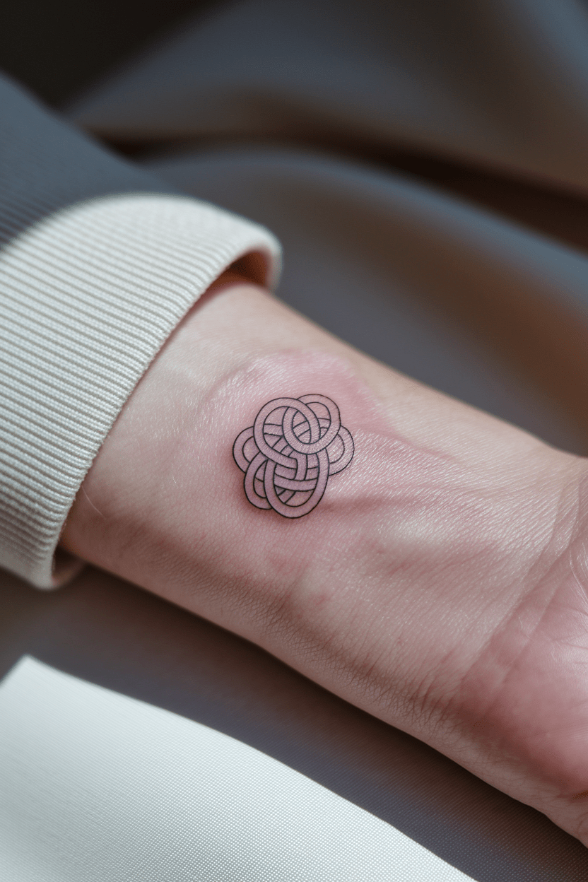 Intricate knot tattoo on a wrist, showcasing minimalist design and detailed line work.