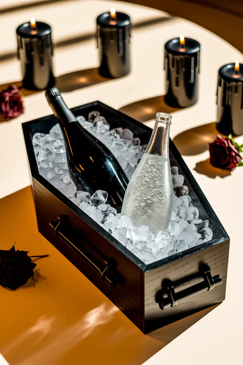 Chilled wine bottles in ice-filled black box, surrounded by dark candles and red roses.