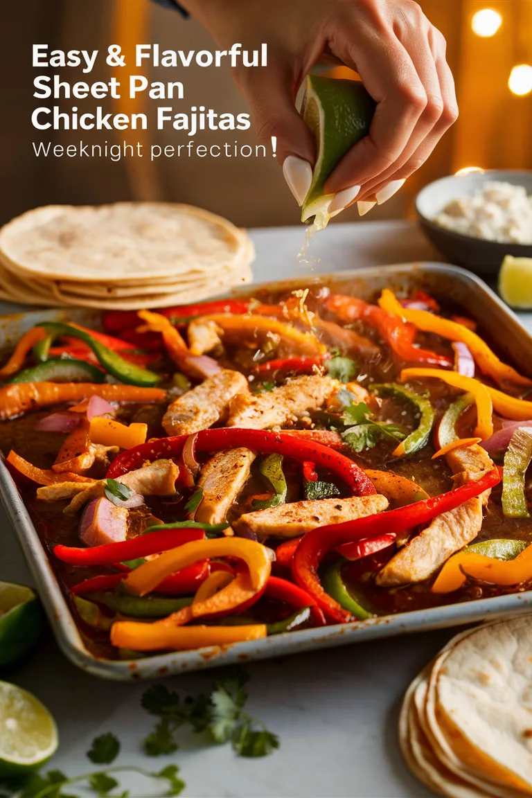 Sheet pan chicken fajitas with colorful bell peppers, topped with lime juice. Easy, flavorful meal for weeknights.