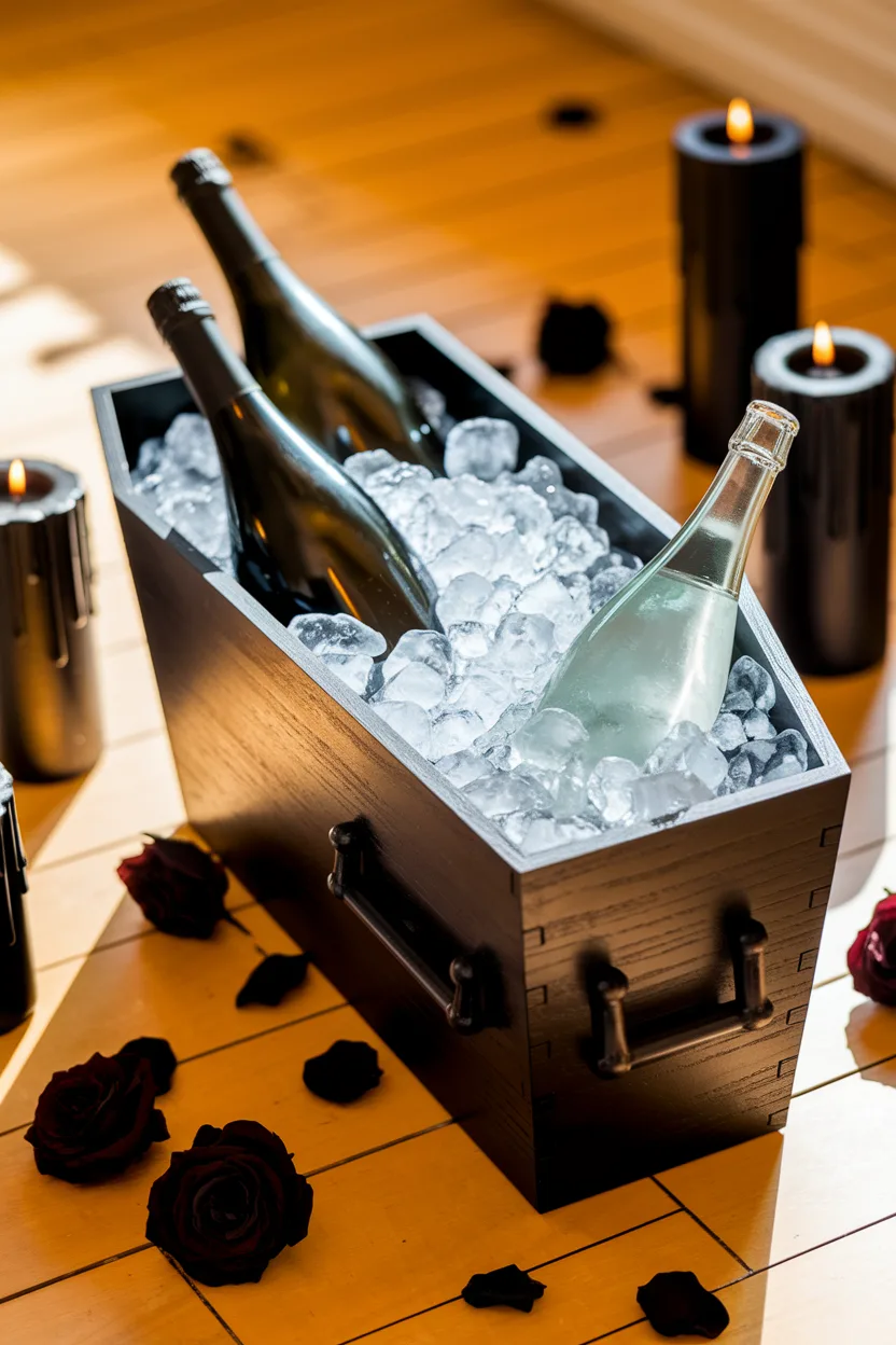 Chilled wine in ice-filled box with black candles and red roses, creating a moody, elegant setting.