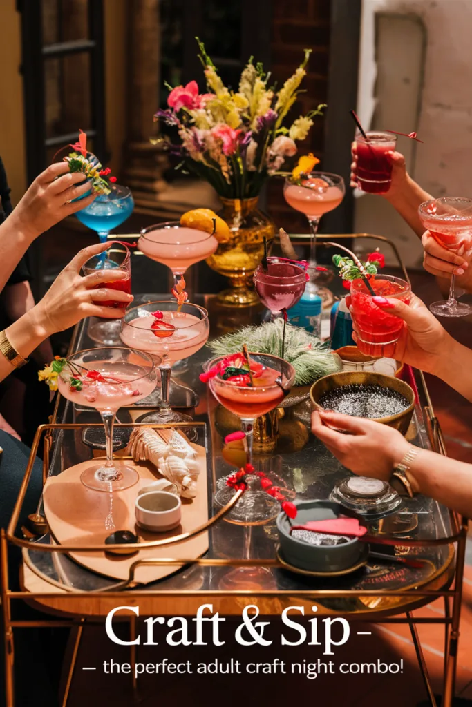 Colorful cocktails and crafts on a table, perfect for a fun adult craft night with friends.