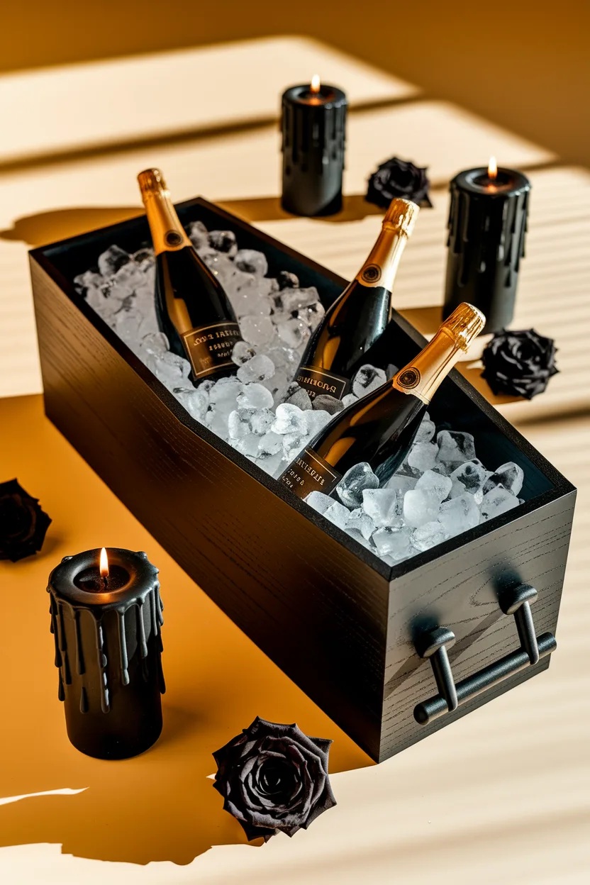 Chilled champagne bottles in a black box surrounded by candles and roses on a warm-toned background.