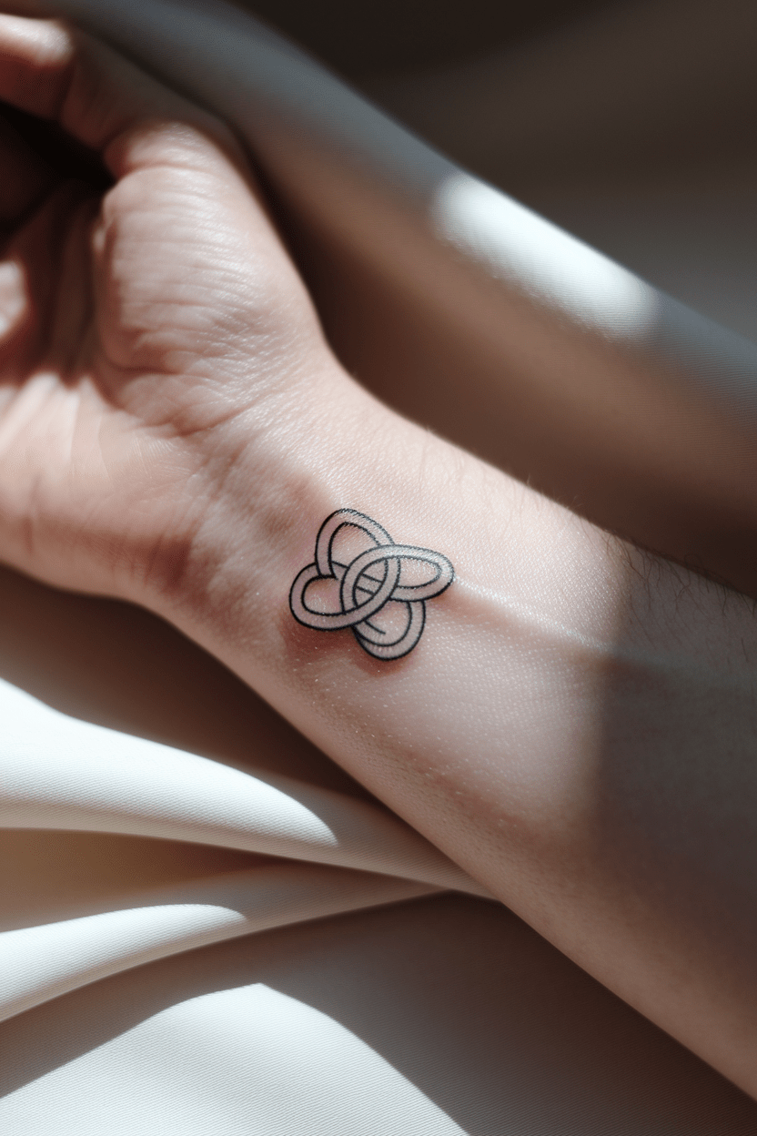 Minimalist geometric tattoo on wrist, depicting an abstract knot design in black ink, with soft natural lighting.